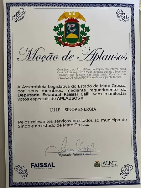 Sinop Energia recebe Moção de Aplausos na ALMT pela participação no projeto Meio Ambiente Itinerante