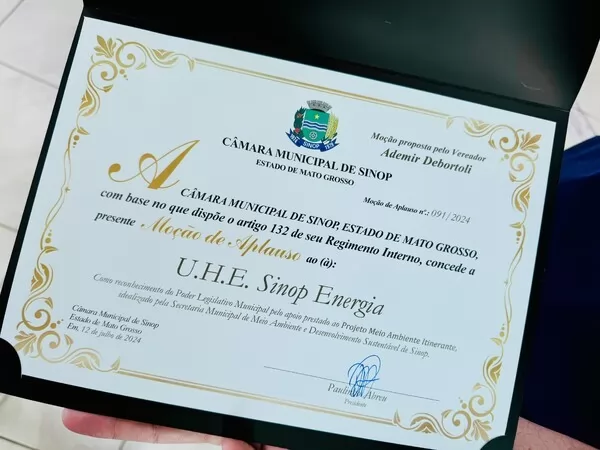 Sinop Energia recebe moção de aplausos por Projeto Meio Ambiente Itinerante