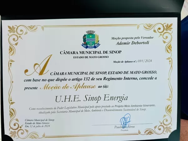 Sinop Energia recebe moção de aplausos por Projeto Meio Ambiente Itinerante